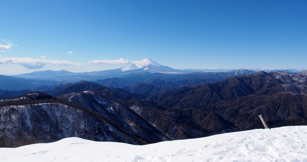 雪の塔ノ岳山頂から見る富士山